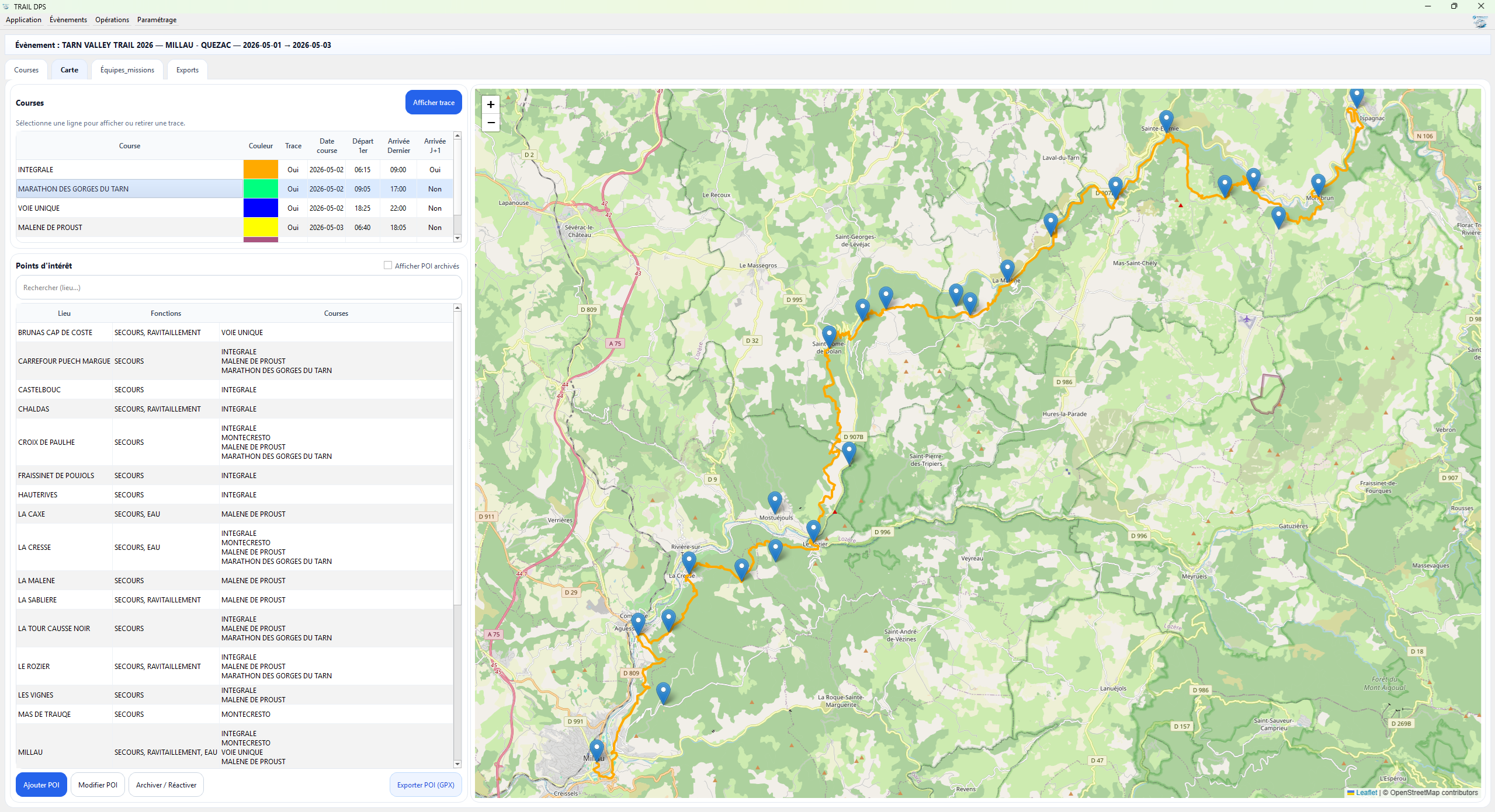 Organisation d'un poste de secours pour trail sur carte