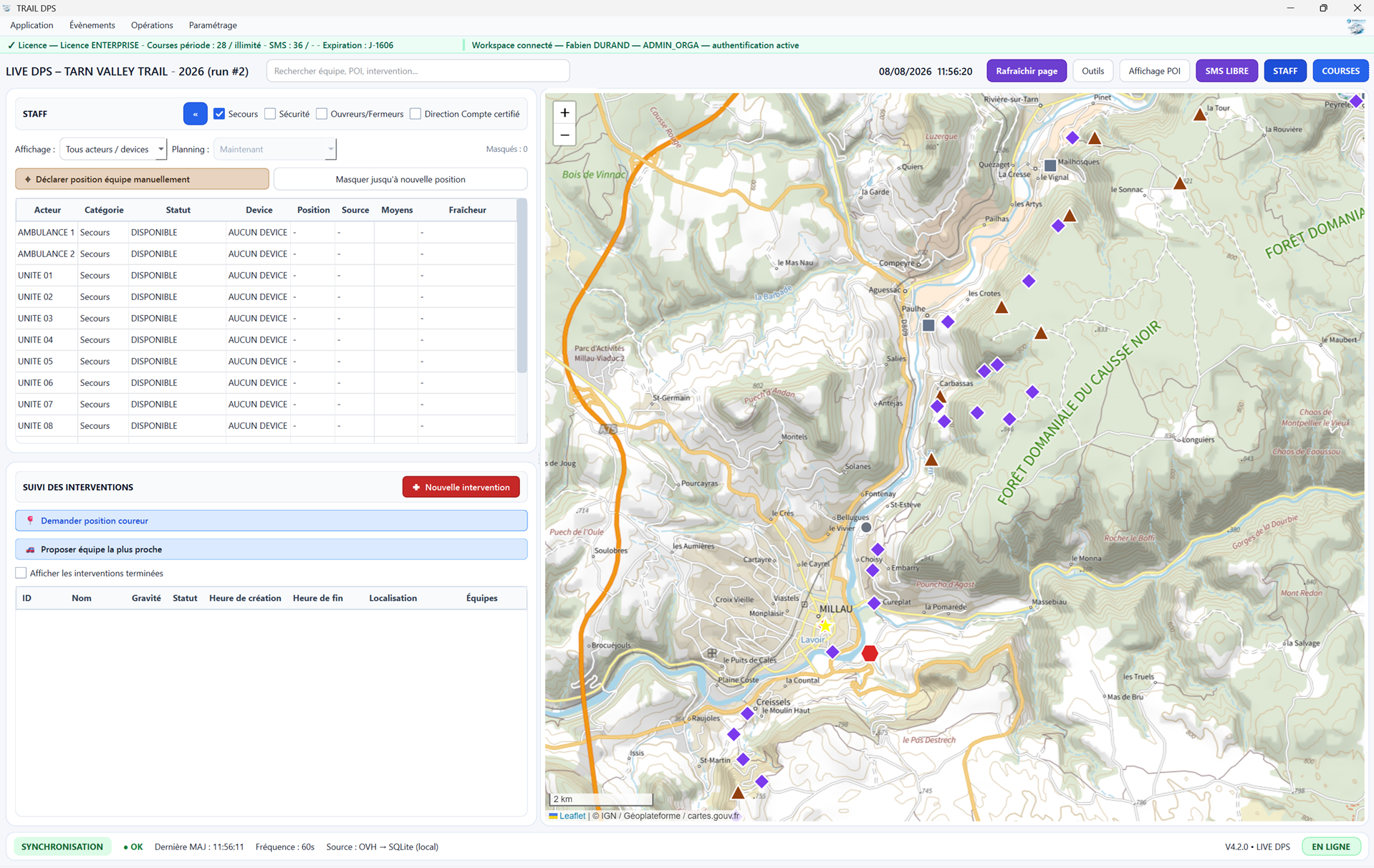 Interface PC course de TRAIL DPS avec carte et suivi des équipes