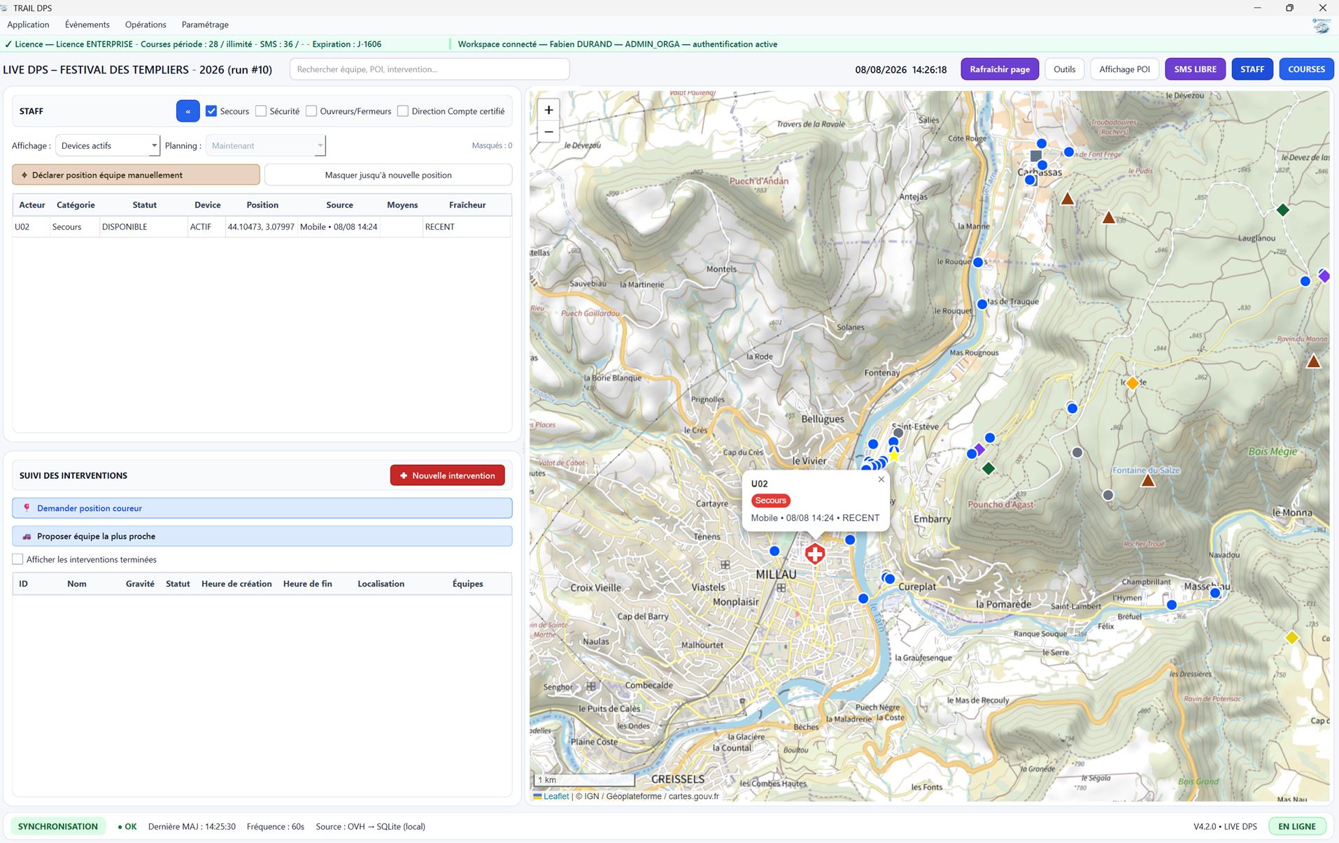 Suivi LIVE des équipes sur la carte TRAIL DPS