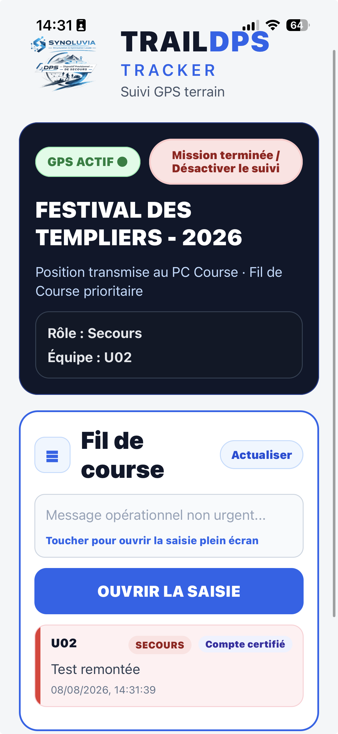 Fil de course de TRAIL DPS TRACKER sur smartphone
